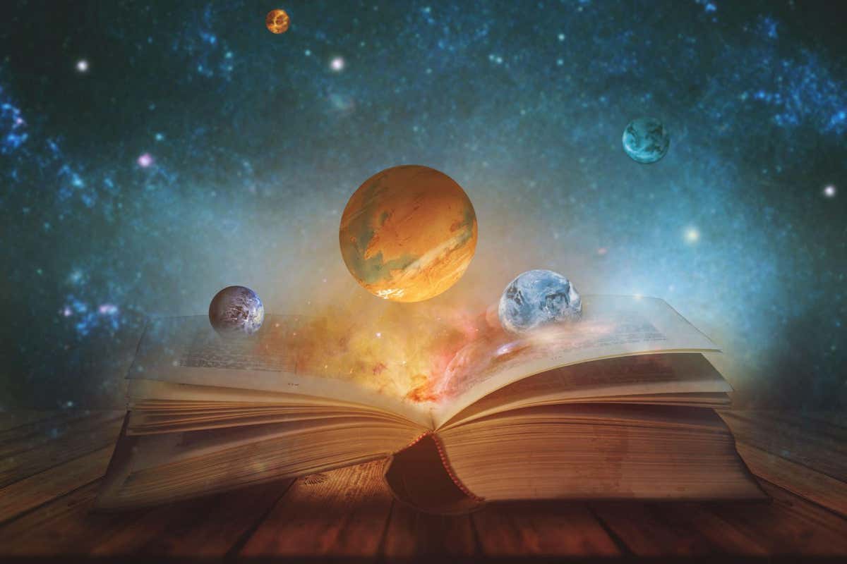 2F3WH8B Book of the universe - opened magic book with planets and galaxies. Elements of this image furnished by NASA