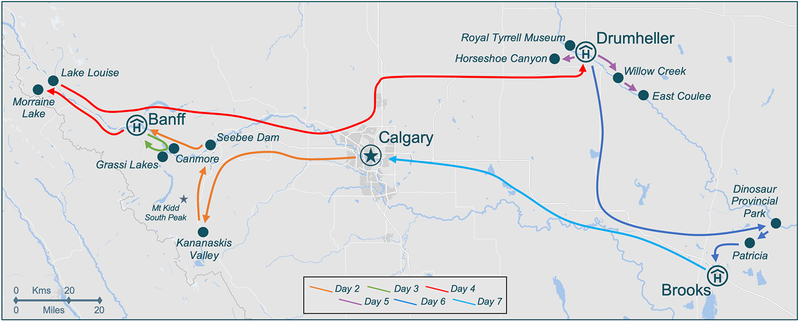 Discovery tours Rockies Badlands Itinerary Map